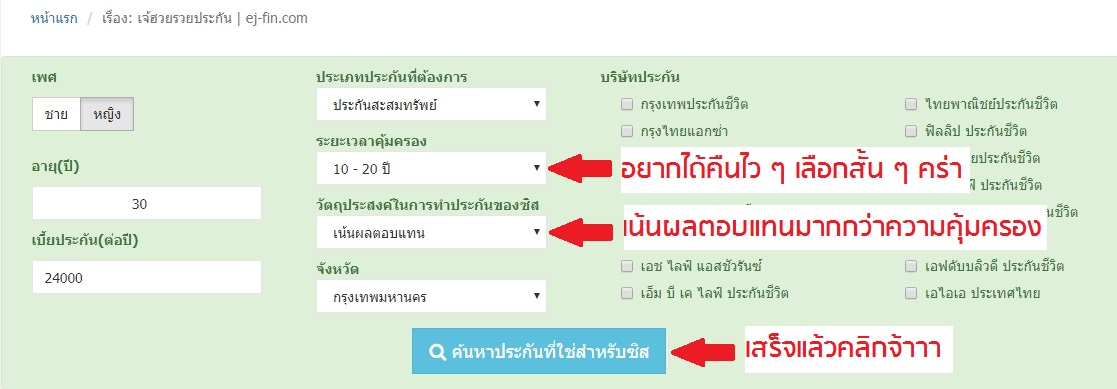 เพศหญิง อายุ 30 ปี ระยะเวลาคุ้มครอง 10-20 ปี เน้นผลตอบแทน